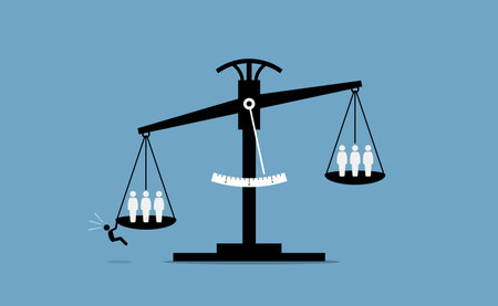 Scale of justice with a person trying to influence the result. Vector illustration concept of unfair advantage, cheating, deception, justice corruption, conspire, and law manipulation.のイラスト素材