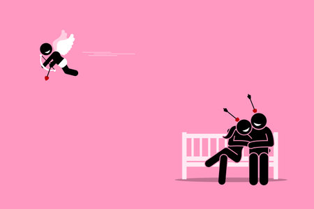 Couple falling in love after struck by cupid angel love arrow. Vector illustration concept of romance, lover, dating, relationship, and valentine.のイラスト素材