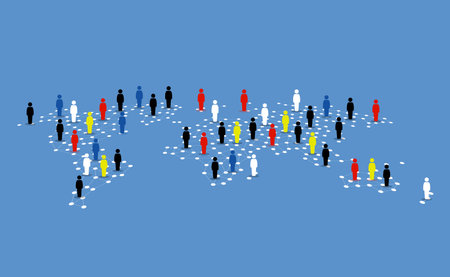 Different type of people around the world map. Vector illustration concept of diversity, humanity, globalization, culture variety, and togetherness.のイラスト素材