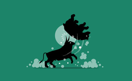 Bull and bear stock market competing, with bull winning the fight. Vector illustration concept of bull market, bullish trend, and uptrend.のイラスト素材