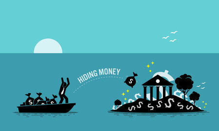 Businessman taxpayer hiding money at tax haven island. Vector illustration concept of money laundering, embezzlement, offshore banking to avoid tax, tax evasion, business crime, and illegal income.のイラスト素材