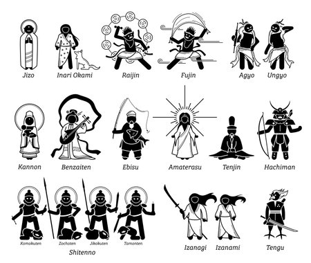 Japanese Kami God Goddess Deities stick figure icons. Vector illustration of Japan popular gods lords Jizo, Inari Okami, Raijin Fujin, Agyo Ungyo, Kannon, Benzaiten, Amaterasu, Shitenno, and Hachiman.のイラスト素材