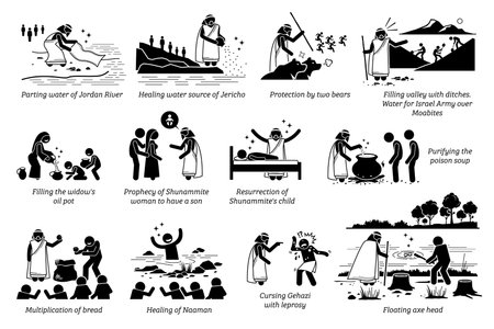 Miracles by prophet Elisha in Christian bible biblical God story from the Old Testament. Vector illustrations list of miracles done by prophet Elisha part 1 of 2.のイラスト素材