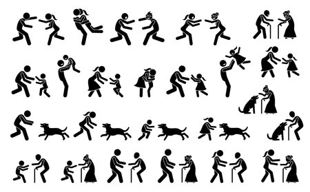 People running toward each other to hug after missing for a long time. Vector illustrations depict boyfriend, girlfriend, father, mother, child, grandfather, grandmother, friends, and dog meeting.のイラスト素材