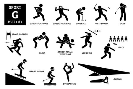 Sport games alphabet G vector icons pictogram. Gaelic football, handball, gateball, gillidanda, golf, giant slalom, glima, greco-roman wrestling, gorodki, guts, grass skiing, gymnastics, and gliding.のイラスト素材
