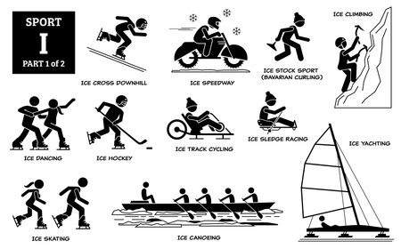 Sport games alphabet I vector icons pictogram. Ice cross downhill, speedway, stock sport, Bavarian curling, climbing, dancing, ice hockey, track cycling, sledge racing, skating, canoeing, and yachtingのイラスト素材