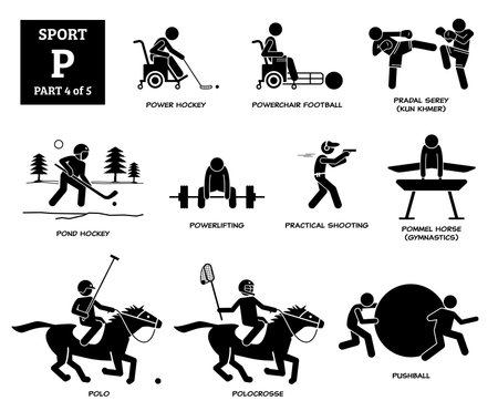 Sport games alphabet P vector icons pictogram. Power hockey, powerchair football, pradal serey, pond hockey, powerlifting, practical shooting, pommel horse, horse polo, polocrosse, and pushball.のイラスト素材