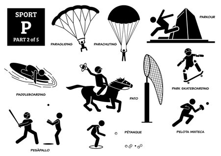 Sport games alphabet P vector icons pictogram. Paragliding, parachuting, parkour, paddleboarding, pato, park skateboarding, pesapallo, petanque, and pelota mixteca.のイラスト素材