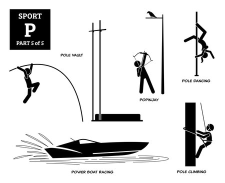Sport games alphabet P vector icons pictogram. Pole vault, popinjay, pole dancing, power boat racing, and pole climbing.のイラスト素材