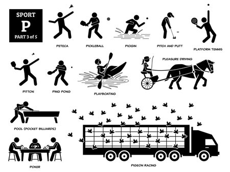 Sport games alphabet P vector icons pictogram. Peteca, pickleball, picigin, pitch and putt, platform tennis, pitton,    playboating, pleasure driving, pool, poker, and pigeon racing.のイラスト素材