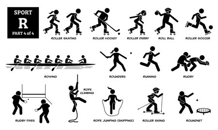 Sport games alphabet R vector icons pictogram. Roller skating, roller hockey, derby, roll ball, soccer, rowing, rounders, running, rugby, rugby fives, rope climbing, skipping, skiing, and roundnet.のイラスト素材