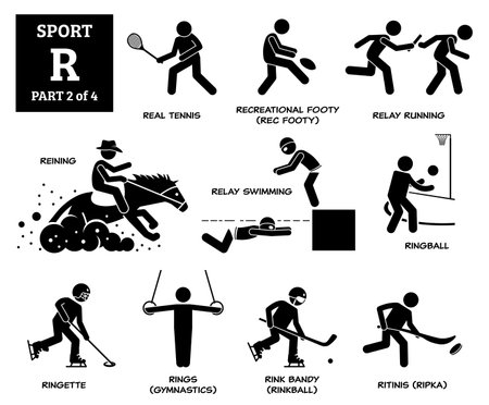 Sport games alphabet R vector icons pictogram. Real tennis, recreational footy, relay running, reining, relay swimming, ringball, ringette, rings gymnastic, rink bandy, and ritinis.のイラスト素材