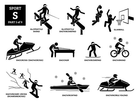 Sport games alphabet S vector icons pictogram. Slopestyle skiing snowboarding, slamball, snocross, snooker, snowboarding, snowbiking, snowboard cross, snowboating, and snowmobile racing.のイラスト素材