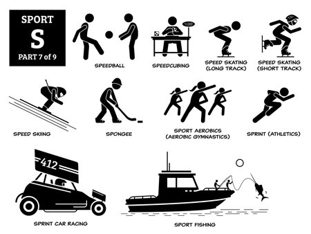 Sport games alphabet S vector icons pictogram. Speedball, speedcubing, speed skating, speed skiing, spongee, aerobic gymanstic, sprint athletic, sprint car racing, and sport fishing.のイラスト素材