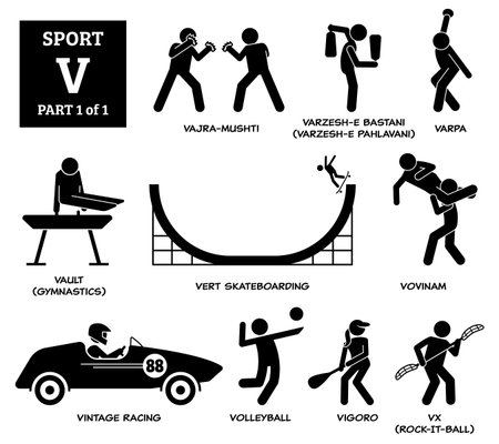 Sport games alphabet V vector icons pictogram. Vajra-mushti, varzesh-e Bastani, varpa, vault gymnastic, vert skateboarding, vovinam, vintage racing, volleyball, vigoro, and vx rock-it-ball.のイラスト素材