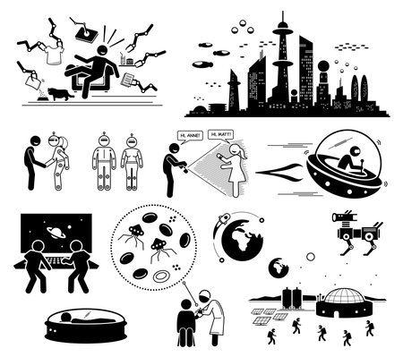 Future Futuristic World Science Fiction. Vector illustrations depict human technologies and scene in the far future.のイラスト素材