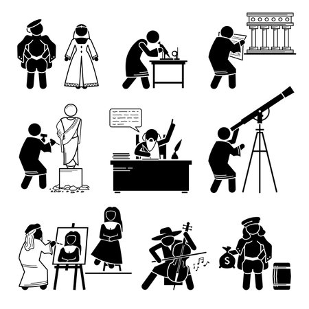 Late Middle Ages Renaissance People Human Civilization History. Vector illustrations depict the Renaissance period of the Late Middle Ages in the 15th and 16th century.のイラスト素材