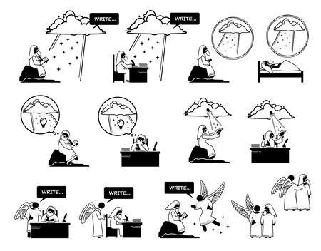 God divine inspiration and revelations for Christian Adventist writer. Vector illustrations depict God and angel giving direct, leading, idea, and vision message for Adventist writer to write.のイラスト素材