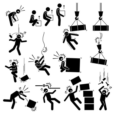 Warning sign, danger risk symbol, and safety precaution at workplace. Vector illustrations pictogram of manual handling, dangerous object things falling from above and dropping boxes hazard.のイラスト素材