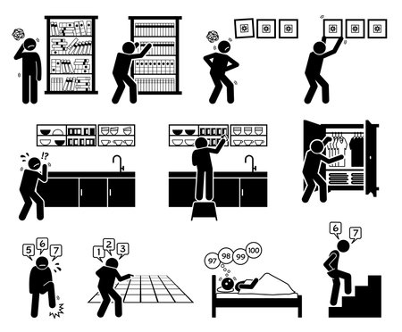 Obsessive compulsive disorder OCD. Symmetry symmetrical ordering orderliness arranging counting. Vector illustrations of people suffering with symmetrical obsessive compulsive mental disorder OCD.のイラスト素材