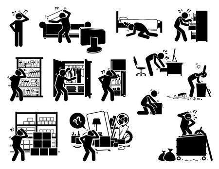 Man searching and finding lost things. Vector illustrations of stick figure search and find items at sofa, under the bed, cabinet, closet, book shelf, fridge, drawer, dustbin, storeroom, garbage bin.のイラスト素材
