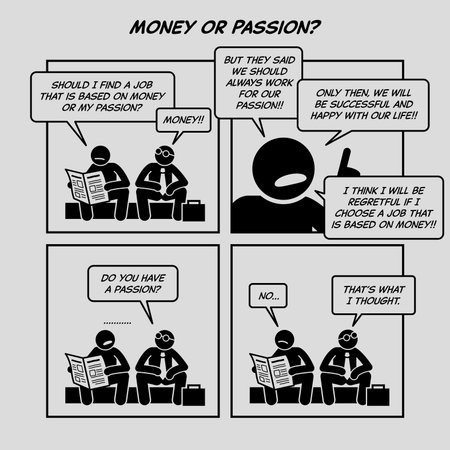 Funny comic strip. Money or passion? Two salaryman or job seeker having a conversation and discussion about employment, wealth, career opportunity, and happiness.のイラスト素材