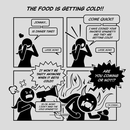 Funny comic strip. The food is getting cold. Mother calling her son to eat food, but kid kept saying later. Woman got angry and turned into monster. Comic depicts tolerant and intolerant.のイラスト素材