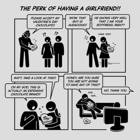 Funny comic strip. The perk of having a girlfriend. A person trying to woo another man girlfriend by giving her chocolates on Valentine Day. She gave all the chocolates to his boyfriend to eat.のイラスト素材