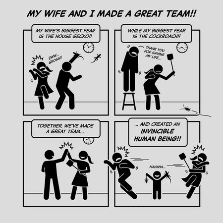 Funny comic strip. My wife and I made a great team. Wife afraid of house gecko. Husband afraid of cockroach. Kid doesn't afraid of anything. Comic depicts brave, cheeky, and cute boy.のイラスト素材