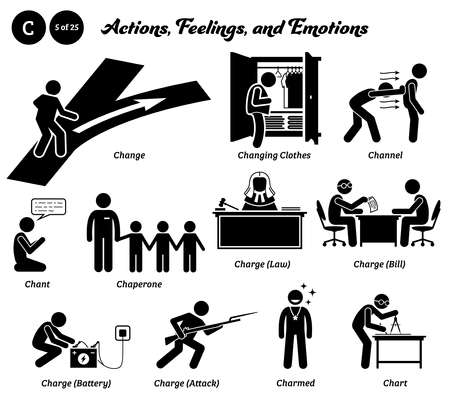 Stick figure human people man action, feelings, and emotions icons starting with alphabet C. Change, changing clothes, channel energy, chant, chaperone, charge law, bill, battery, attack, charting mapのイラスト素材