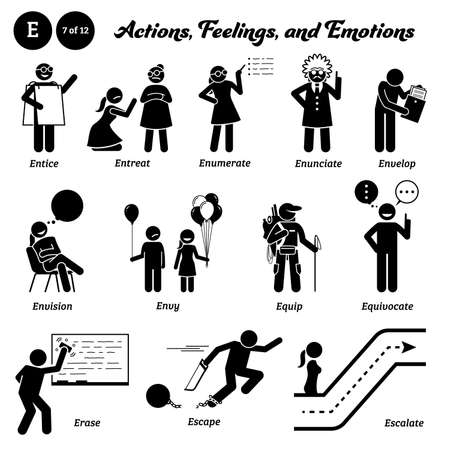Stick figure human people man action, feelings, and emotions icons alphabet E.のイラスト素材