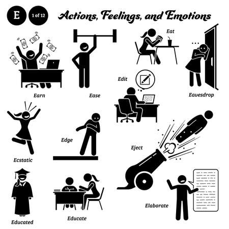 Stick figure human people man action, feelings, and emotions icons alphabet E.のイラスト素材
