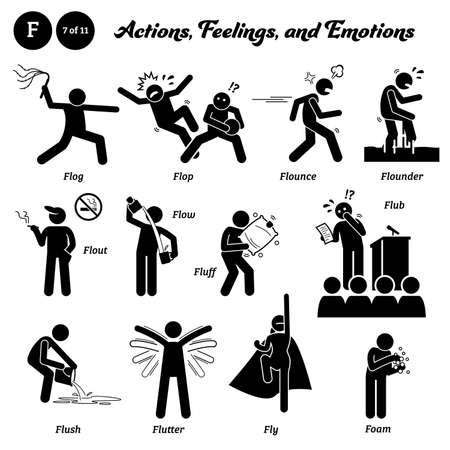 Stick figure human people man action, feelings, and emotions icons alphabet F.のイラスト素材