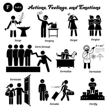 Stick figure human people man action, feelings, and emotions icons alphabet F.のイラスト素材