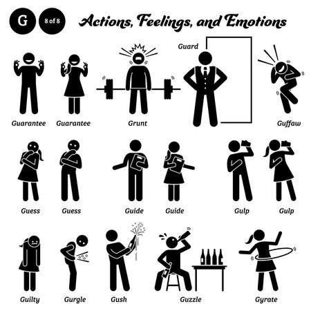 Stick figure human people man action, feelings, and emotions icons alphabet G.のイラスト素材
