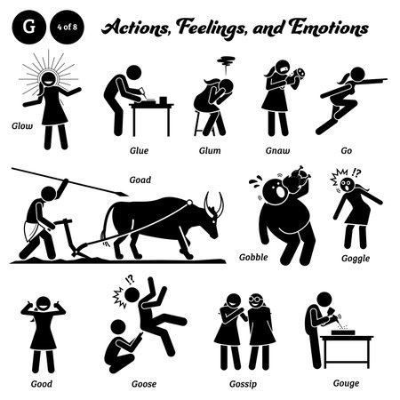 Stick figure human people man action, feelings, and emotions icons alphabet G.のイラスト素材