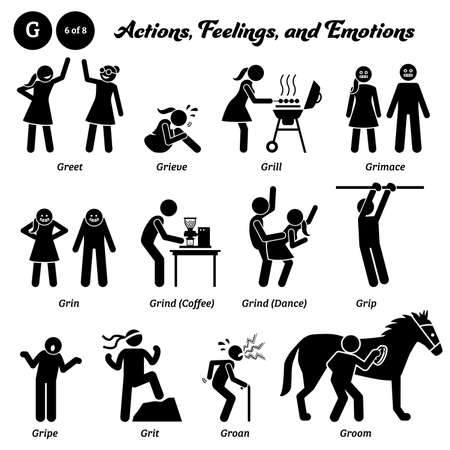 Stick figure human people man action, feelings, and emotions icons alphabet G.のイラスト素材