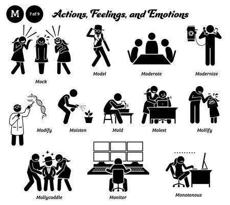 Stick figure human people man action, feelings, and emotions icons alphabet M.のイラスト素材