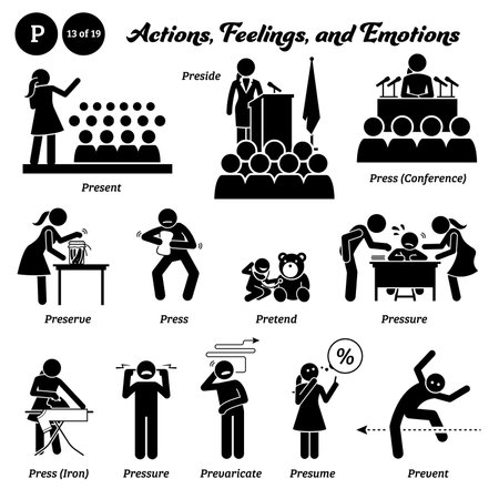 Stick figure human people man action, feelings, and emotions icons alphabet P.のイラスト素材