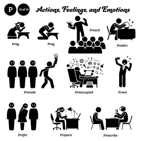 Stick figure human people man action, feelings, and emotions icons alphabet P.のイラスト素材