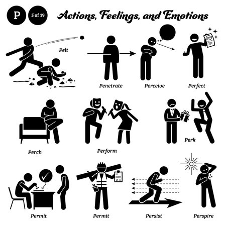 Stick figure human people man action, feelings, and emotions icons alphabet P.のイラスト素材