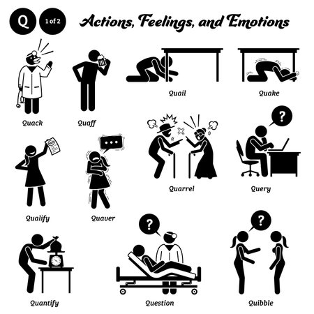 Stick figure human people man action, feelings, and emotions icons alphabet Q. Quack, quaff, quail, quake, qualify, quaver, quarrel, query, quantify, question, and quibble.のイラスト素材