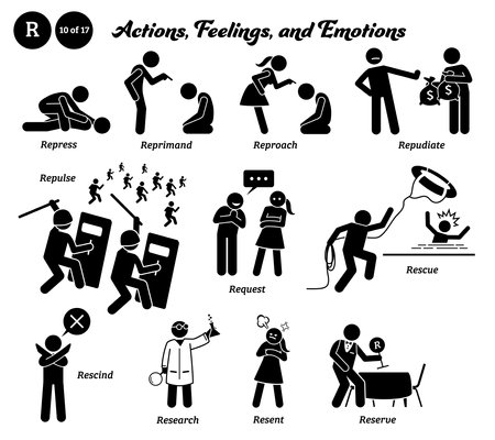 Stick figure human people man action, feelings, and emotions icons alphabet R. Repress, reprimand, reproach, repudiate, repulse, request, rescue, rescind, research, resent, and reserve.のイラスト素材