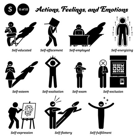 Stick figure human people man action verbs icons alphabet S.のイラスト素材