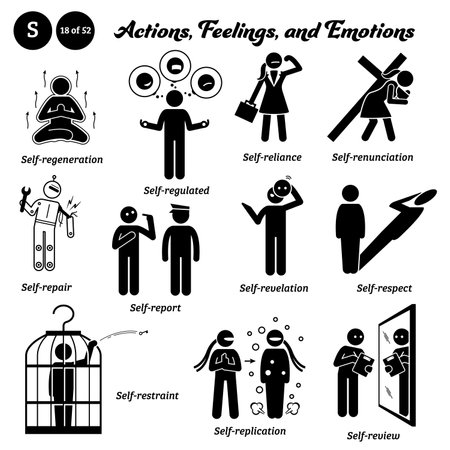 Stick figure human people man action verbs icons alphabet S.のイラスト素材