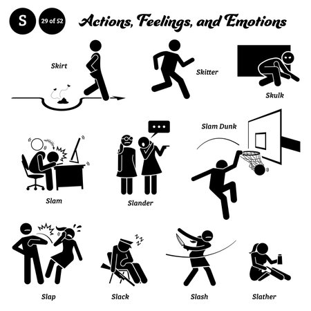 Stick figure human people man action, feelings, and emotions icons alphabet S. Skirt, skitter, skulk, slam, slander, slam dunk, slap, slack, slash, and slather.のイラスト素材