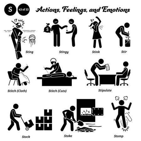 Stick figure human people man action, feelings, and emotions icons alphabet S. Sting, stingy, stink, stir, stitch, cloth, cuts, stipulate, stock, stoke, and stomp.のイラスト素材