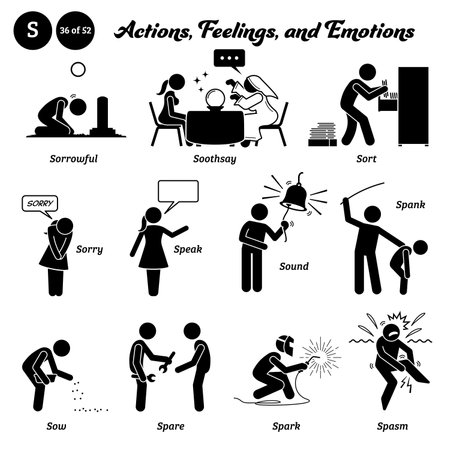 Stick figure human people man action, feelings, and emotions icons alphabet S. Sorrowful, soothsay, sort, sorry, speak, sound, spank, sow, spare, spark, and spasm.のイラスト素材