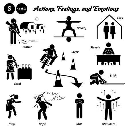 Stick figure human people man action, feelings, and emotions icons alphabet S. Station, steady, stay, steal, steer, steeple, stick, step, stifle, still, and stimulate.のイラスト素材