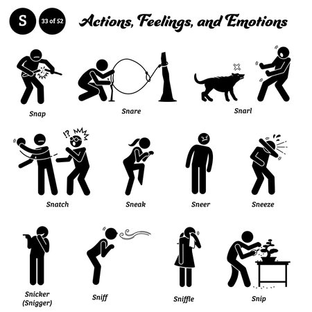 Stick figure human people man action, feelings, and emotions icons alphabet S. Snap, snare, snarl, snatch, sneak, sneer, sneeze, snicker, snigger, sniff, sniffle, and snip.のイラスト素材